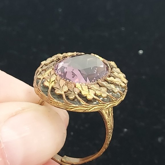 Victorian Brass Deep Purple colored Rhinestone Ring - Picture 8 of 13